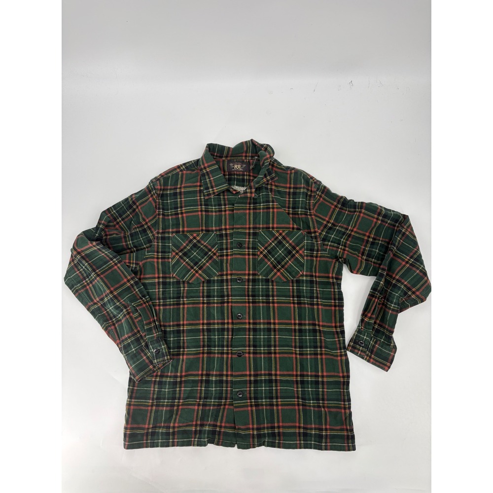 RRL Ralph Lauren Mens Green Blue Plaid Flannel Workshirt Throat Latch M - Picture 2 of 6
